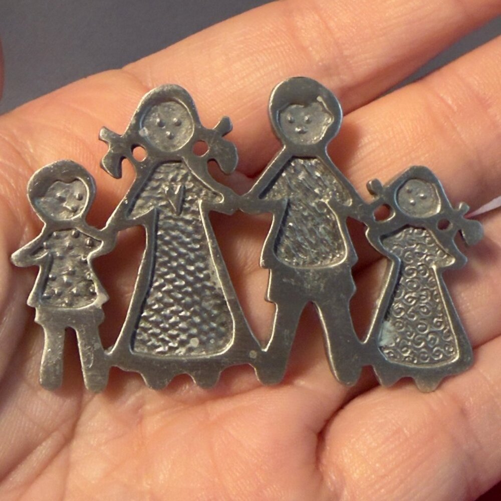 Family Brooch Attributed Cynthia Webb Pewter Folk Art Pin – 3” Wide